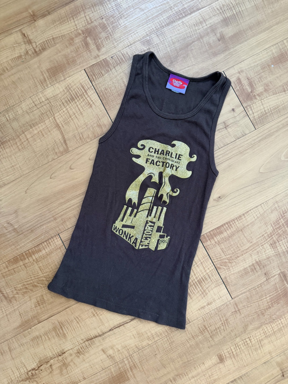 Charlie and the Chocolate Factory Graphic Ribbed Tank Top Gold Print